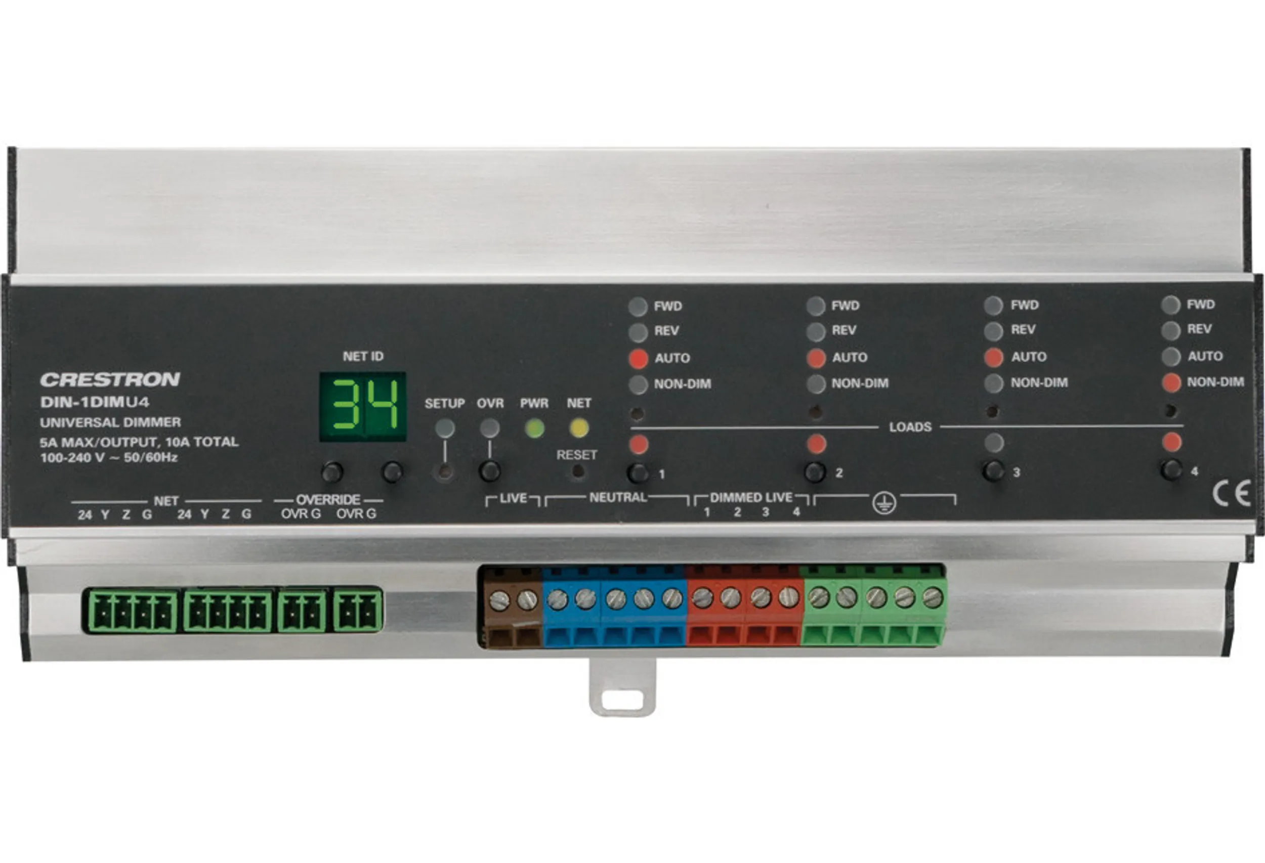Crestron DIN-1DIMU4 — 4 Kanallı Evrensel Dimmer, 1 Besleme, DIN Ray Montajı
